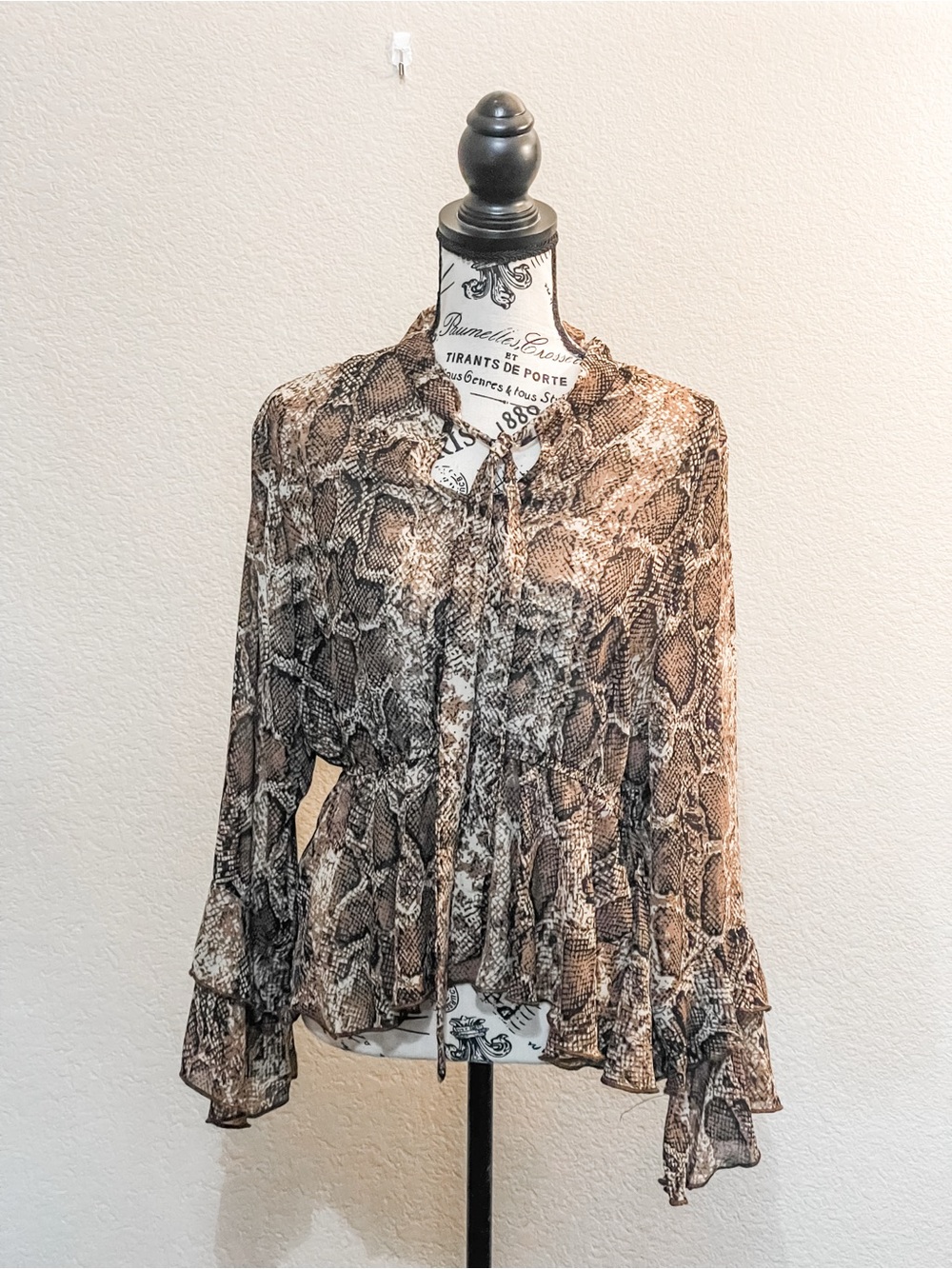 SHEIN Brown Snake-Print Ruffle Tie Blouse
